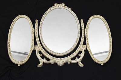 Lot 490 - Modern white and gilt finish chest of three graduated drawers and dressing table mirror