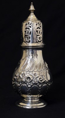 Lot 146 - Victorian silver baluster sugar caster with embossed Rococo decoration