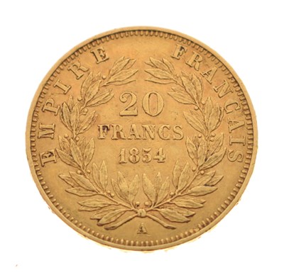 Lot 106 - Napoleon III gold 20 francs coin, 1854