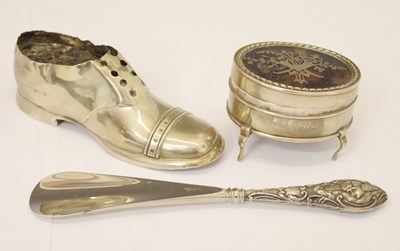 Lot 133 - Silver and tortoiseshell pique work oval box, pin cushion in the form of a shoe, etc