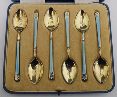 Lot 143 - Cased set of six blue enamel and silver demi-tasse coffee spoons