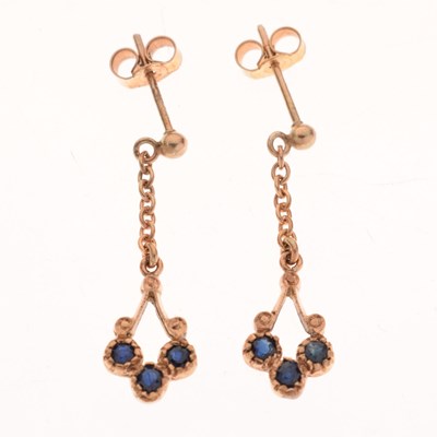 Lot 76 - 9ct gold drop earrings set three faceted sapphires