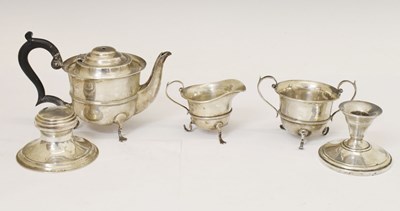 Lot 125 - Silver three-piece tea set, a George V capstan inkwell, and an American dwarf candlestick