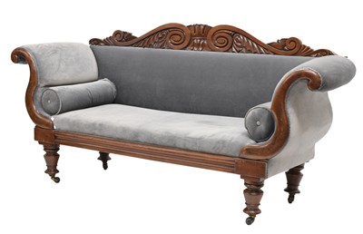 Lot 501 - 19th century mahogany scroll arm settee with carved decoration