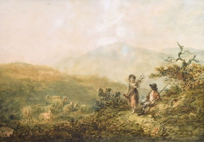 Lot 390 - Nicholas Pocock (British, 1740-1821) - Watercolour - Children and goats