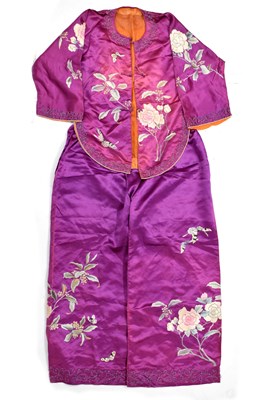 Lot 252 - Lady's Chinese embroidered purple silk jacket and trousers, circa 1900