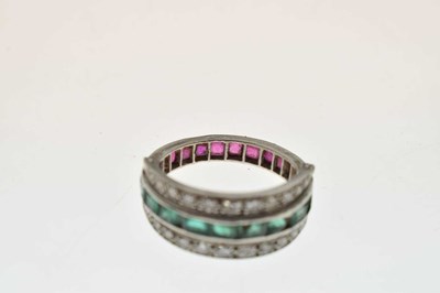 Lot 14 - Art Deco 'day and night' emerald, ruby and diamond white metal ring