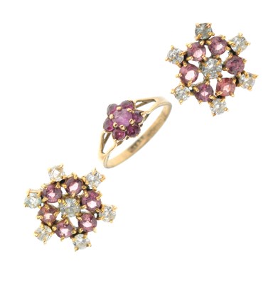 Lot 87 - 9ct gold ruby cluster ring and pair of gem-set cluster ear studs