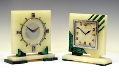 Lot 488 - Two Art Deco style onyx and malachite mantle clocks