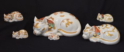 Lot 474 - Group of six graduated Japanese Kutani porcelain sleeping cats