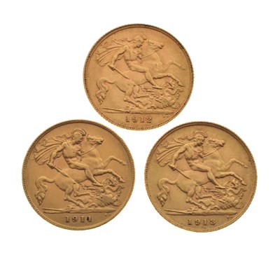 Lot 103 - Three George V gold half sovereigns, 1911, 1912, and 1913