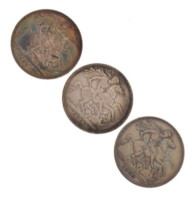 Lot 228 - Three Victorian silver crowns, 1887, 1889, and 1890