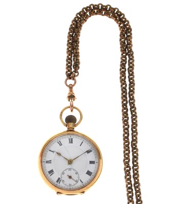 Lot 150 - 18ct yellow metal open-faced fob watch with plated long chain