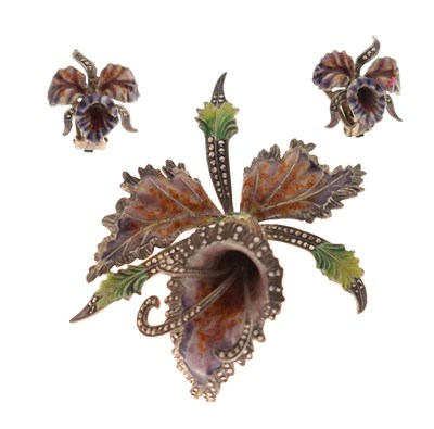 Lot 111 - Circa 1930s enamel and marcasite orchid brooch