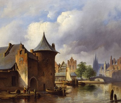 Lot 406 - De Noter, (Dutch, 19th century) - Oil on panel - Dutch townscape