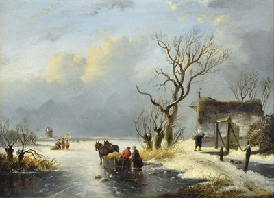 Lot 407 - Alexis De Leeuw (Belgian, 1822-1900) - Oil on board - Winter snow scene