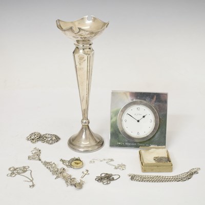 Lot 176 - George V silver bud vase, a silver mounted desk clock, etc