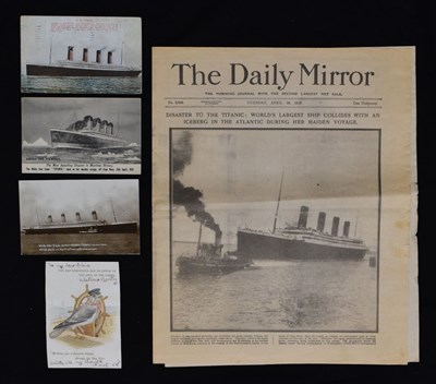 Lot 120 - Titanic Interest - Group of postcards and Daily Mirror paper