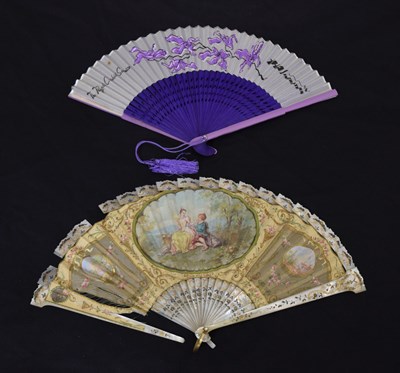 Lot 296 - Early 20th century painted silk and mother-of-pearl fan