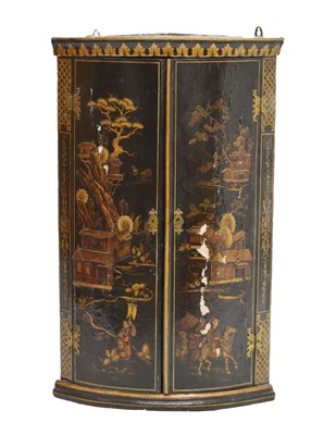 Lot 693 - George III black-lacquered chinoiserie bowfront corner cabinet