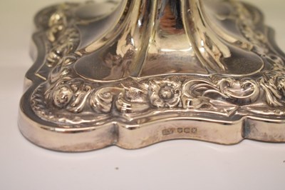 Lot 110 - Pair of Elizabeth II silver three-light, two-branch candelabra