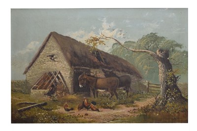 Lot 559 - 19th century school - Oil on canvas - Donkey and hens in a farmyard