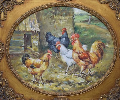 Lot 522 - Reproduction oval oil on canvas of cockerels in a farmyard