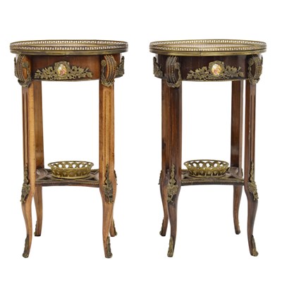 Lot 422 - Pair of 20th century French walnut and marquetry two-tier occasional tables