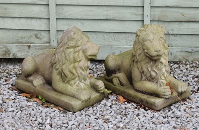 Lot 723 - Pair of reconstituted stone garden lions