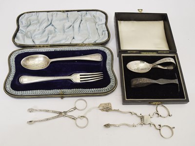 Lot 181 - Pair of 18th century silver sugar nips, two cased silver Christening sets, etc