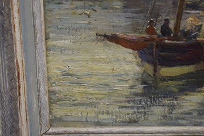 Lot 300 - Ernest Higgins Rigg (Staithes Group, 1868-1947) - Oil on board - Harbour scene