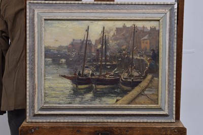 Lot 300 - Ernest Higgins Rigg (Staithes Group, 1868-1947) - Oil on board - Harbour scene
