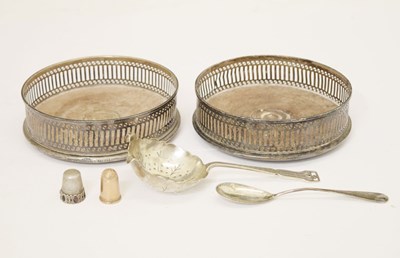 Lot 174 - Pair of Elizabeth II silver mounted wine coasters, George VI silver tea strainer, etc