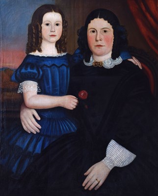 Lot 334 - Folk Art - British Naïve School, 19th century - Oil on canvas - Portrait of a mother and daughter