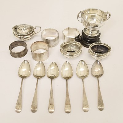 Lot 164 - Set of six George III teaspoons, silver condiments, four napkin rings, etc