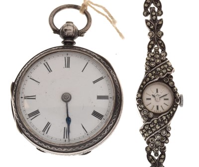 Lot 131 - Late Victorian silver fob watch and lady's silver marcasite watch