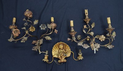 Lot 352 - Pair of early 20th century Italian metal wall sconces and putto sconce