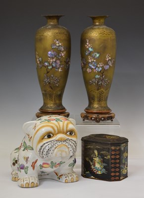 Lot 462 - Pair of 20th century gilt metal vases, tea caddy and Chinese bulldog