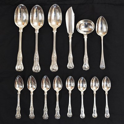 Lot 188 - Quantity of silver Kings pattern cutlery, to include a set of three Victorian tablespoons, etc