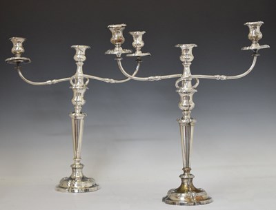 Lot 700 - Pair of Sheffield plate three-sconces candelabra