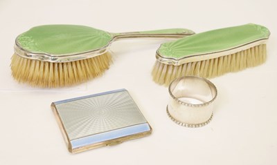 Lot 178 - Two George V silver mounted and green enamel dressing brushes, etc