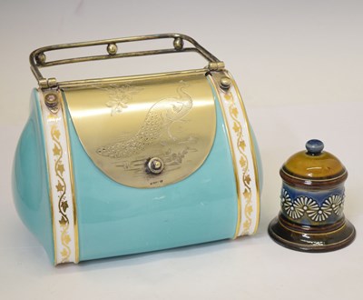 Lot 403 - Copeland Spode biscuit barrel in the form of a handbag,  and a Doulton Lambeth vesta