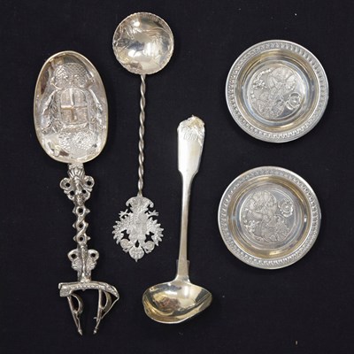 Lot 185 - Pair of white metal dishes, a Dutch spoon, Austrio-Hungarian spoon, and a Victorian silver ladle