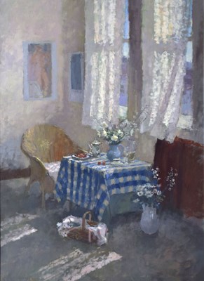 Lot 415 - Jacqueline Williams, NEAC (British, b.1962) - Oil on canvas - 'Tea by the window'