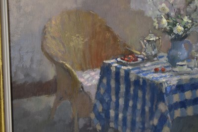 Lot 415 - Jacqueline Williams, NEAC (British, b.1962) - Oil on canvas - 'Tea by the window'