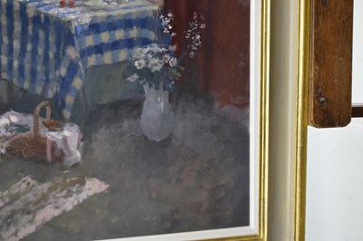 Lot 415 - Jacqueline Williams, NEAC (British, b.1962) - Oil on canvas - 'Tea by the window'