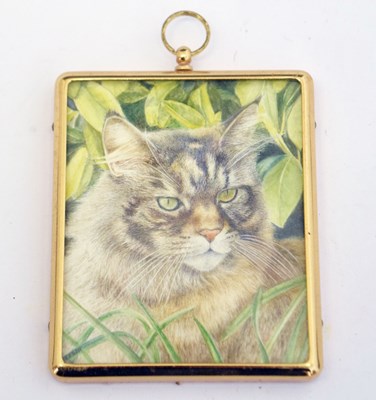 Lot 565 - 20th century watercolour miniature of a tabby cat