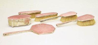 Lot 218 - Art Deco silver and pink enamel six-piece vanity set including trinket box