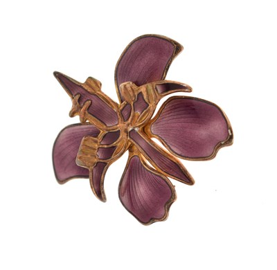 Lot 125 - David Andersen, Norway - Silver and purple enamel orchid brooch