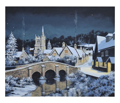 Lot 600 - Alan King (1946-2013) - Oil on canvas - 'Snowfall at Castle Coombe'